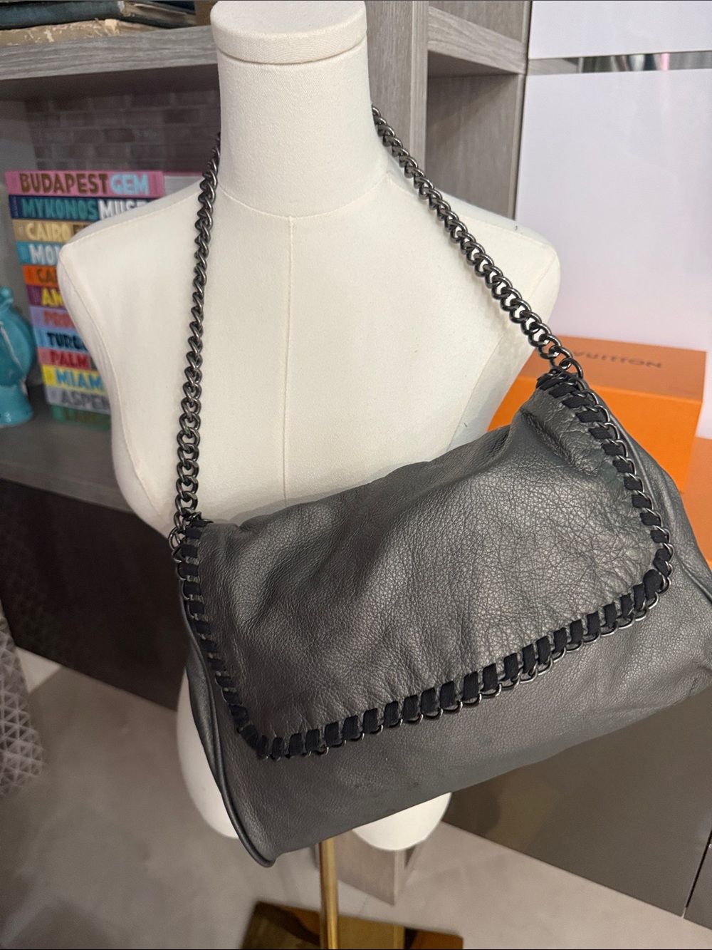 Women’s Chain-Trim Shoulder Bag in Dark Gray